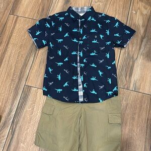 Dinosaur button down short sleeve shirt and drawstring cargo shorts